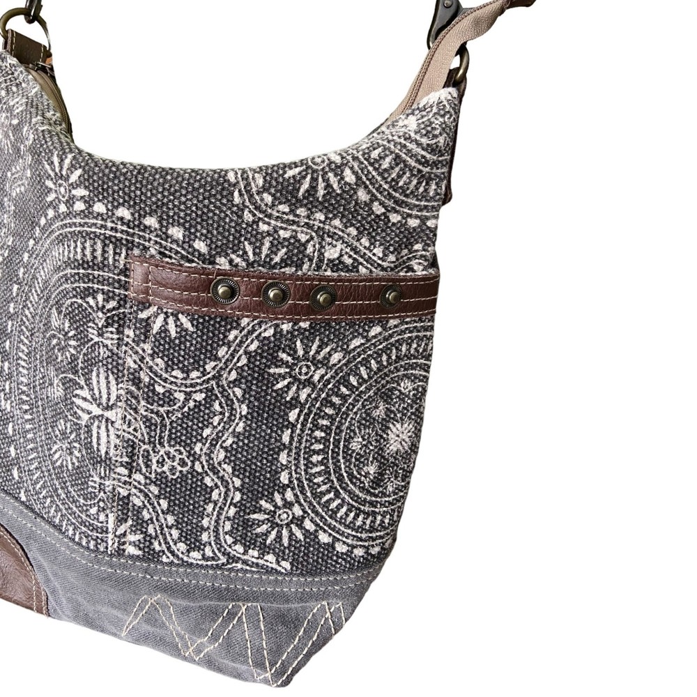 Myra Bag Upcycled Earthy Two-Toned Canvas Leather Bag - Boho / Western